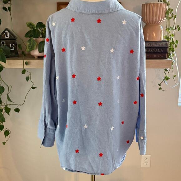 Casey Coleman Blue Chambray Button Down Shirt 1X Embroidered Stars Patriotic - Picture 2 of 8